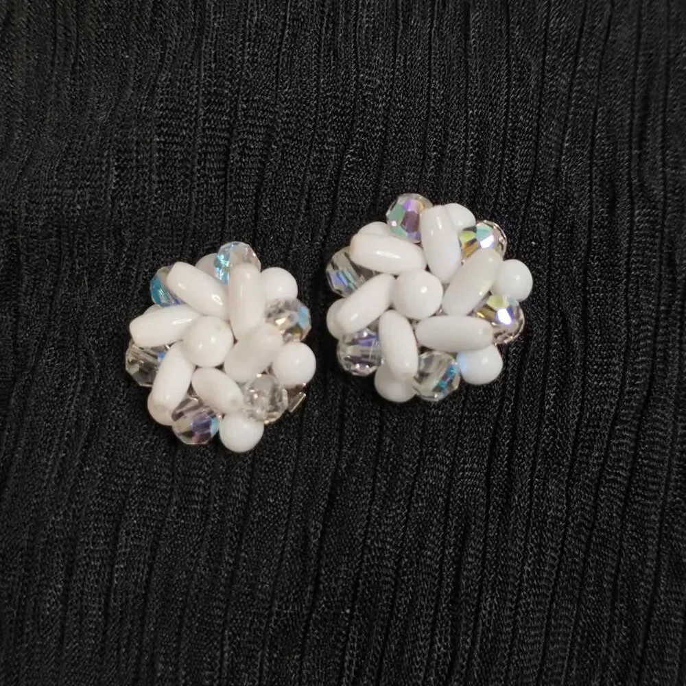 Vintage West Germany White Beaded Clip-On Earrings Aurora Borealis Rhinestone